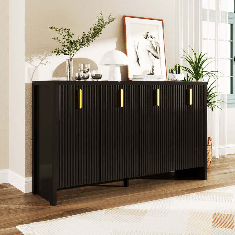 Buffet noir moderne et minimaliste : la combinaison parfaite entre rangements flexibles et design élégant. Le buffet comporte des poignées dorées et