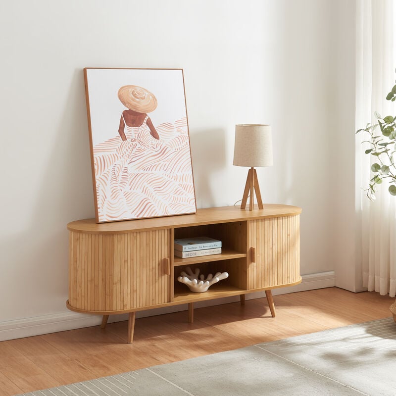Buffet Nordkapp avec portes coulissantes mdf bambou bois 140 x 40 x 56 cm naturel [en.casa]