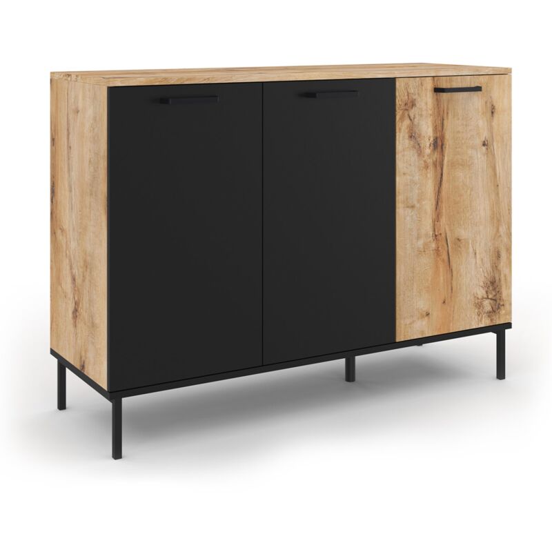 Buffet 110 cm oakland 3 portes bois et noir design industriel