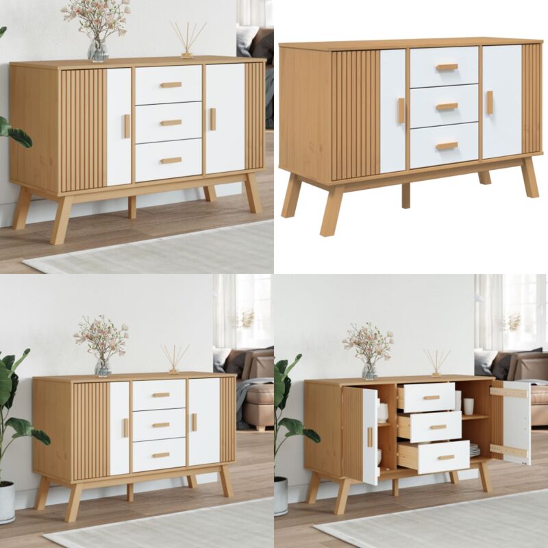 Buffet OLDEN blanc et marron 114x43x73,5 cm bois massif de pin - Buffet - Armoire De Rangement - Meuble Tv - Mobilier Scandinaves - Meuble De Salon