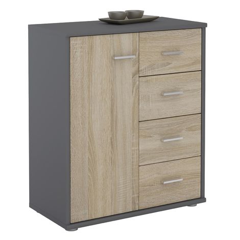 Buffet OSCAR, commode meuble de rangement avec 4 tiroirs et 1 porte, en mélaminé gris mat et blanc mat - gris/blanc
