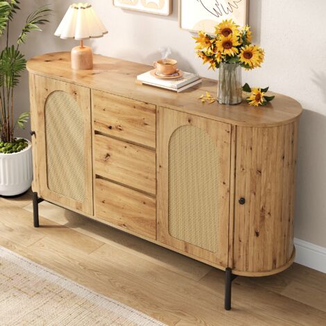 Buffet ovale 140x38x77,5 cm avec 2 portes coulissantes, 2 battantes et 2 tiroirs, rotin, naturel