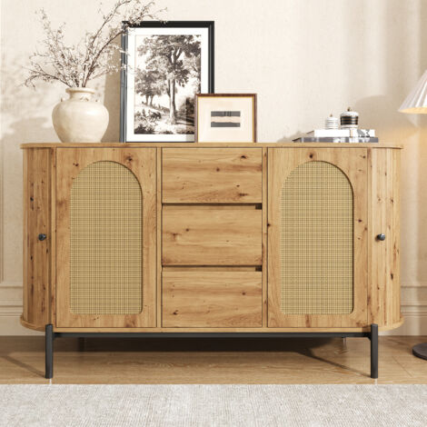 Buffet ovale rotin à portes coulissantes,compartiments ajustables,aspect bois pieds métalliques,rangement design polyvalent salon.