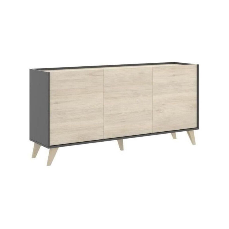 Buffet - Panneaux de particule - Bois clair et graphite - 3 portes - Ness - l 155 x p 43 x h 75 cm