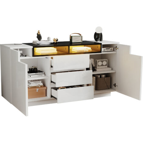 Buffet per Soggiorno 140x40x68 cm, 2 Ante a L con Luci LED, 3 Cassetti e Divisori Regolabili, Bianco, in Pannello di Particelle