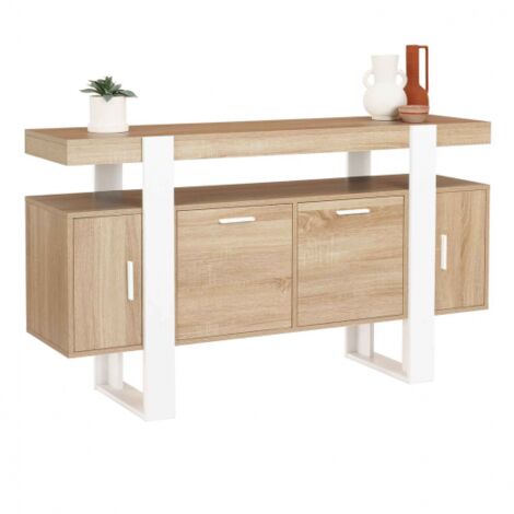Buffet PHOENIX 4 portes bois et blanc 140 cm - Bois-clair