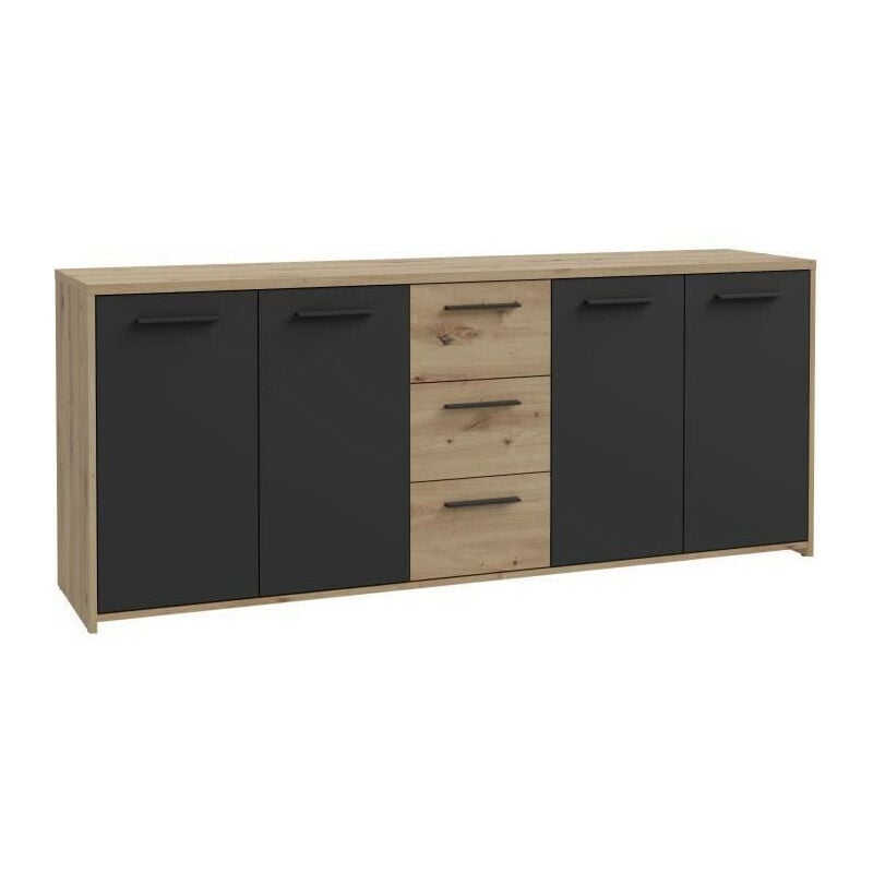 Buffet PILVI - Style contemporain - Particules mélaminé -Décor Chene artisan et Noir- 4 portes + 3 tiroirs - L179,2 x P42 x H