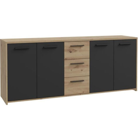 Buffet PILVI - Style contemporain - Particules mélaminé -Décor Chene artisan et Noir- 4 portes + 3 tiroirs - L179,2 x P42 x H