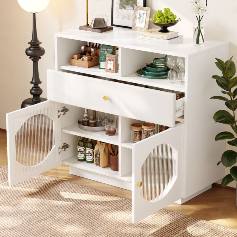 Buffet, porte vitrée, meuble de rangement, 1 tiroir, compartiment de rangement ouvert, moderne, 100×40×90,5cm, blanc