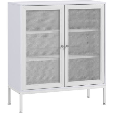 Buffet pour salle à manger Meubles auxiliaires avec portes en grille métallique et étagères réglables 80x37x92 cm Blanc