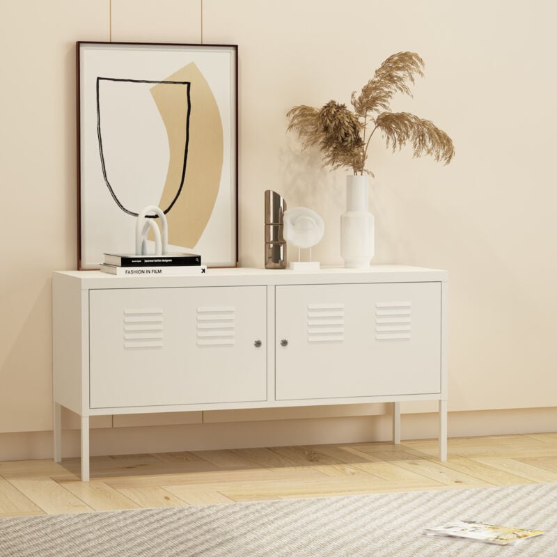 Buffet Pyhtää à 2 portes acier 118 x 40 x 60 cm blanc mat [en.casa]