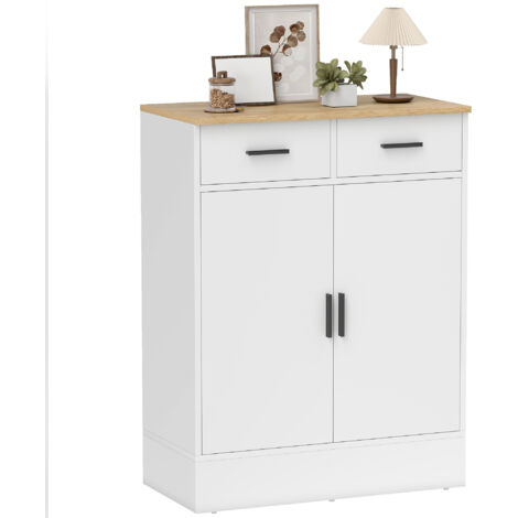 Buffet rangement, commode 2 tiroirs, étagère, bois naturel/blanc