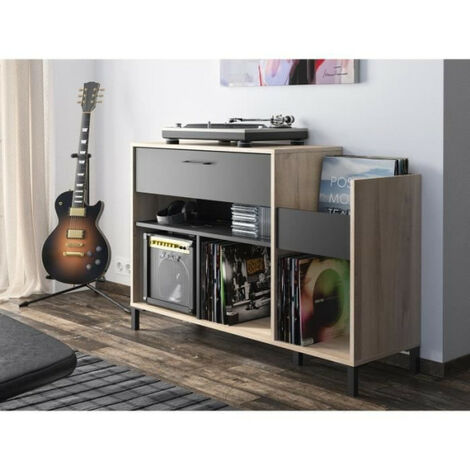 Buffet rangement vinyle – 5 niches et tiroir – Style urbain noir et décor chêne – L 115 x P 40 x H 81 cm – Gami