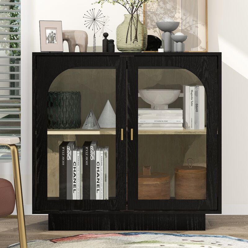 Buffet, rectangulaire, avec 2 portes de arqués, étagères, poignées en métal, design, meubles de salon en bois - Noir