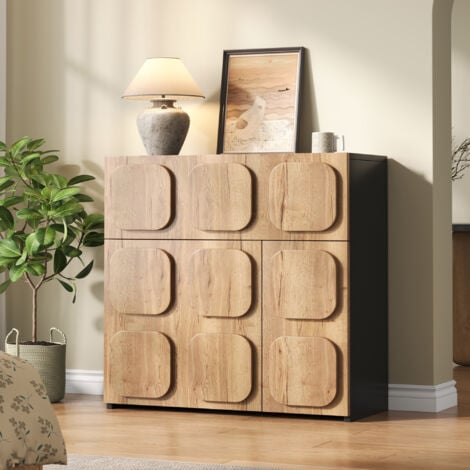 MODFU Buffet rétro bois naturel & noir 5 compartiments — design 70's modulaire pour salon, salle à manger, entrée