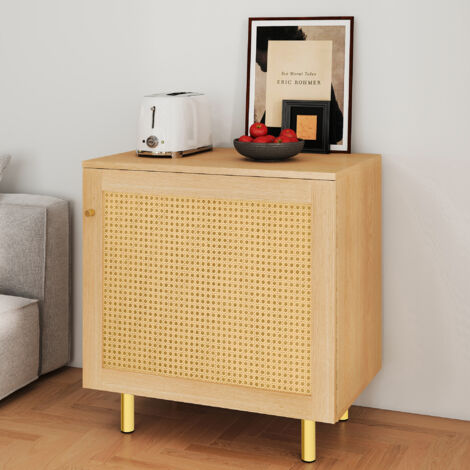 Buffet rotin bois naturel 63x60x40cm table de chevet 1 porte meuble rangement rustique