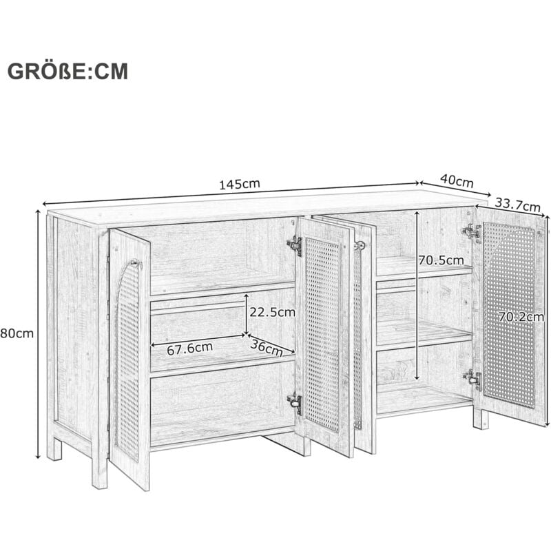 Buffet Rotin, Placard Cuisine, Style Minimaliste, Meuble de Rangement avec 4 Portes, Poignée en Métal, pour Salon, Salle à Manger et Cusine,
