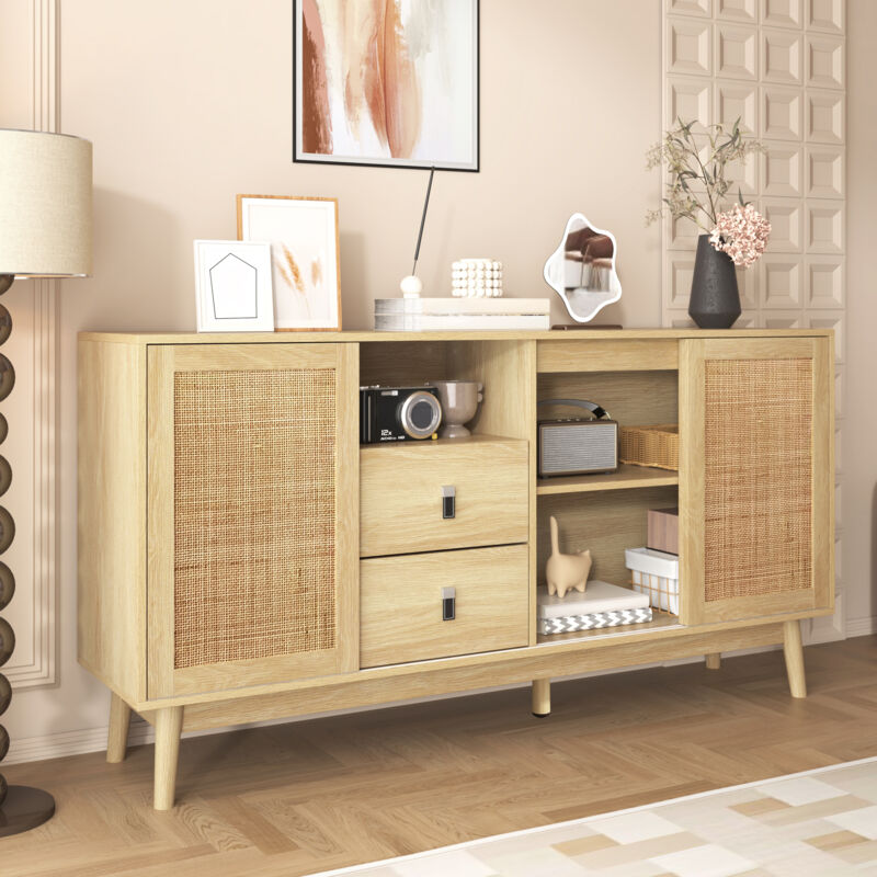 Buffet Rustique avec 3 Portes coulissantes en rotin véritable+2 Tiroirs,Commode Respirant,Stable et Polyvalent,155x38x80 cm
