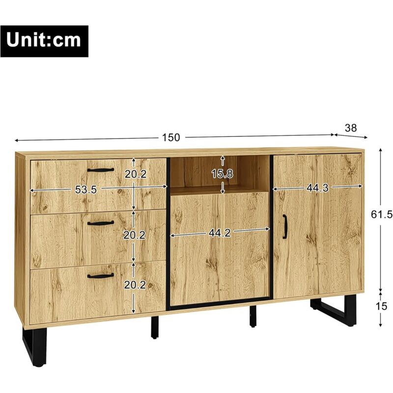 Buffet Rustique Élégant, Commode Chambre à Coucher, Buffet avec 3 Tiroirs, 2 Portes et Compartiment Ouvert, Grand Espace de Rangement, Étagères