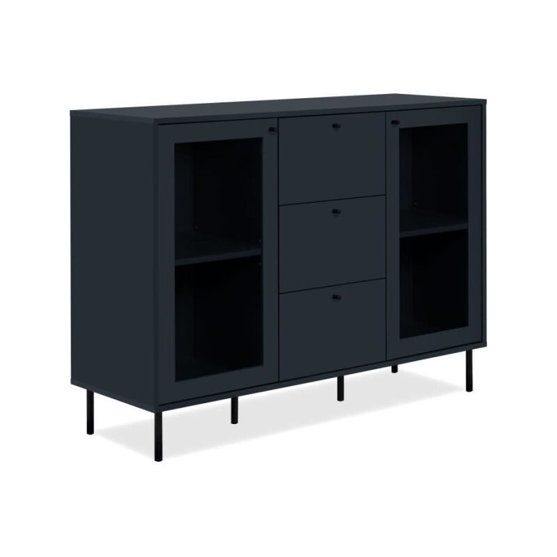 Buffet salle a manger CARACAS - Décor bleu navy - 2 portes vitrées + 3 tiroirs - L120 x H90 x P40 cm