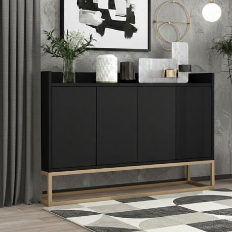 Buffet salle a manger, meubles de rangement pour salon avec 4 portes, buffet bas avec support en métal, bahut de salle a manger pour salon cuisine couloir, noir