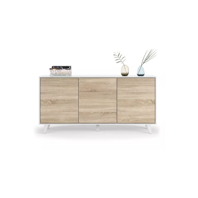 Buffet 154 cm blanc brillant et chêne canadien avec 3 portes - Pisa