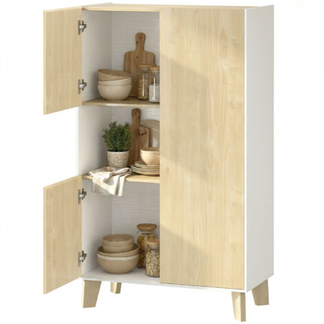 Buffet salon 6 compartiments portes amorties 80x40x135cm blanc bois naturel