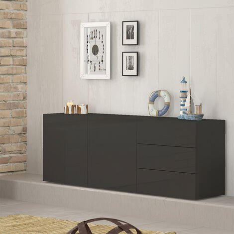 Buffet Salon Anthracite Brillant 2 Portes 3 Tiroirs Metis Report Kommode