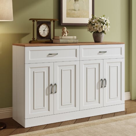 NECHE Buffet salon Armoire de salle à manger 120x35x80,5 cm 2 tiroirs 4 portes et Compartiments rangement Meuble salon Casiers moderne minimaliste Bois Blanc