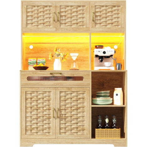 Buffet salon avec LED 120×40×180cm Armoire haute Naturel avec 6 portes tissées + 3 tiroirs - Pour salle à manger ou bar- MDF -Naturel