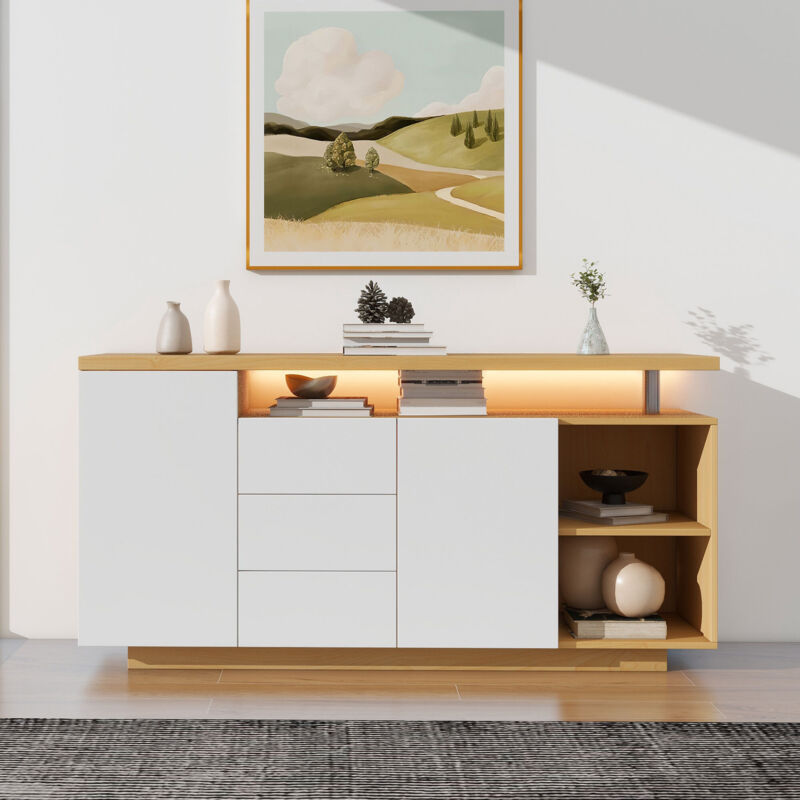 Buffet Salon Bas Moderne, Meuble d'Entrée Elégant à éclairage led, 2 Portes 3 Tiroirs Etagère Ouverte, Blanc et Bois, 140x40x70cm