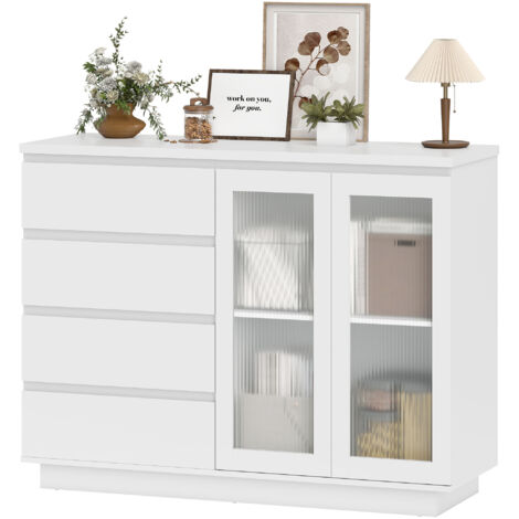 Buffet salon blanc avec 4 tiroirs et 2 portes vitrées, étagère ajustable, 120x40x91 cm