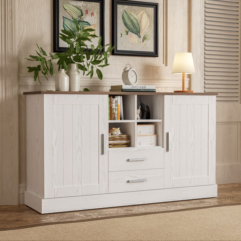 Buffet salon, buffet blanc avec 2 portes et 2 tiroirs, veinage bois blanc et marron