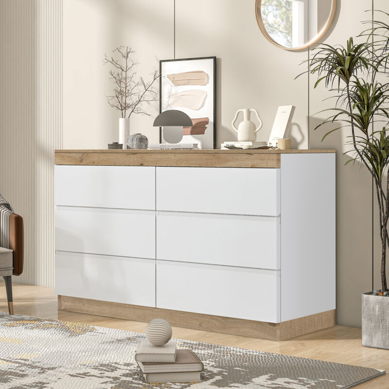 Buffet Salon Classique avec 6 Tiroirs, Casier,Armoire,Commode Chambre Elégant, Blanc et Bois, 110x40x67.5cm
