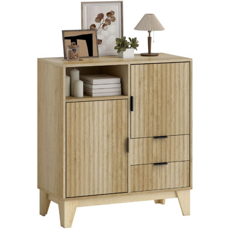 Buffet salon, meuble de rangement, 2 portes, 2 tiroirs, étagère réglable, compartiment ouvert, 80x40x90cm,  naturel