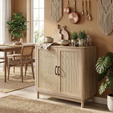 Buffet salon, meuble de rangement avec 2 portes en rotin, étagère réglable et bords arrondis, 76 x 35 x 75,5 cm, chêne