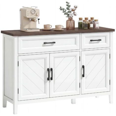 Buffet salon, meuble de rangement avec 3 portes en chevron, 2 tiroirs et 2 étagères réglables, 110 x 35 x 80,5 cm, blanc