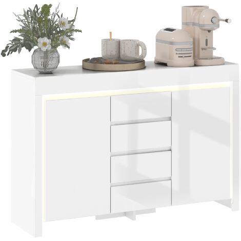 Buffet salon, meuble de rangement avec éclairage LED 4 tiroirs portes à fermeture douce 120 x 34 x 80 cm, blanc brillant