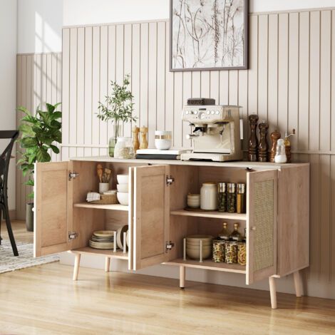 Buffet salon meuble de rangement placards à portes en cannage et étagère réglable 140 x 40 x 75 cm effet bois naturel