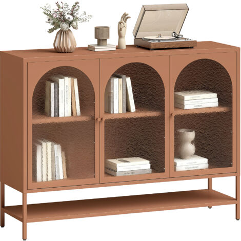 Buffet salon meuble rangement 3 portes vitrées cintrées étagère ouverte 140x40x105 cm vert clair