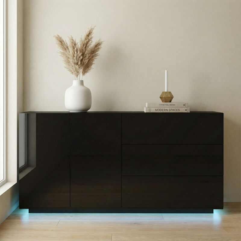 Buffet salon moderne 160 cm, avec éclairage LED, 3 tiroirs, 2 portes, finition haute brillance, système d'ouverture par simple pression - Noir Buffet salon moderne 160 cm, avec éclairage LED, 3 tiroirs, 2 portes, finition haute brillance, système d'ouverture par simple pression - Noir