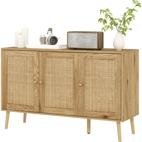 Buffet salon rotin bois naturel, meuble rangement 2 portes, étagère réglable