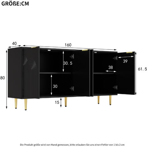 Buffet : salon,commode avec 4 portes,poignées brossées dorées et pieds de table très brillants,armoire de commode noire,mesure 160×80×40 cm (GO)
