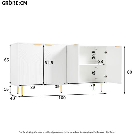 Buffet : salon,commode avec 4 portes,poignées brossées dorées et pieds de table très brillants,meuble de commode,blanc,mesure 160×80×40 cm (D×H×D)(DA)