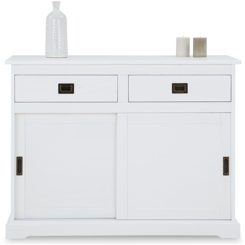 Idimex - Buffet SAVONA bahut vaisselier commode avec 2 tiroirs et 2 portes coulissantes, en pin massif lasuré blanc - Blanc