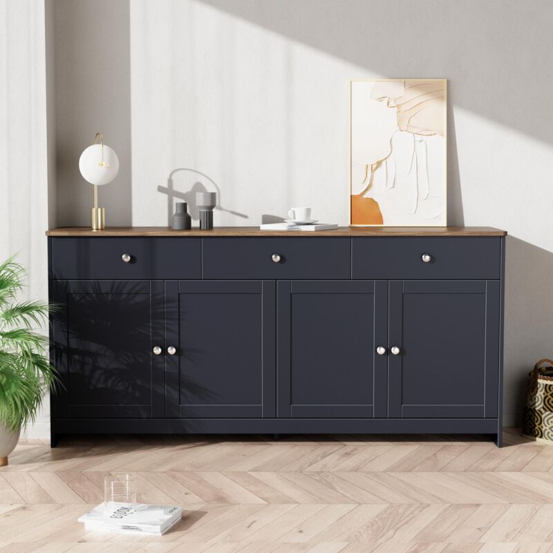 Buffet avec 3 tiroirs et 4 portes 160cm, design bicolore, grands rangements, Buffet de Scandinave , Noir