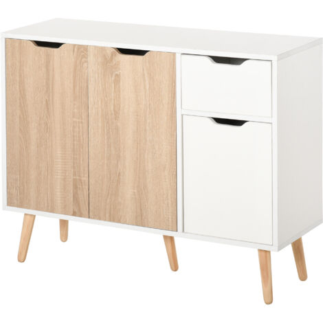 Buffet scandinave 2 placards tiroir coulissant pieds pin massif blanc chêne clair