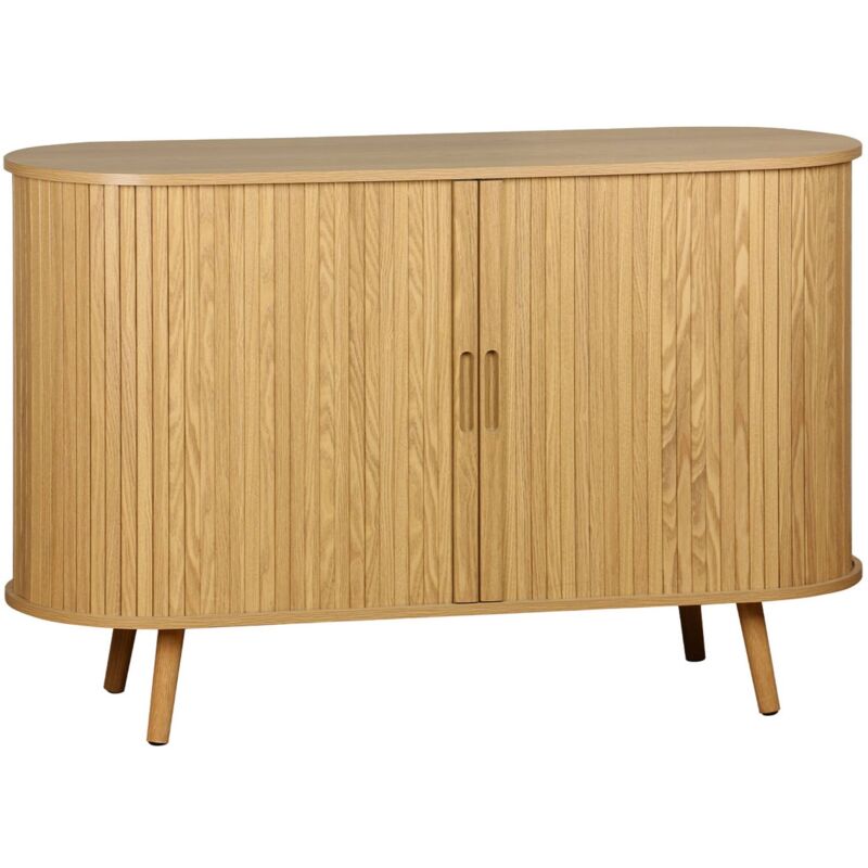Buffet scandinave 2 portes coulissantes. 4 compartiments. effet bois rainuré. couleur naturelle. buffet bas. l 120 x p 40 x h 75cm