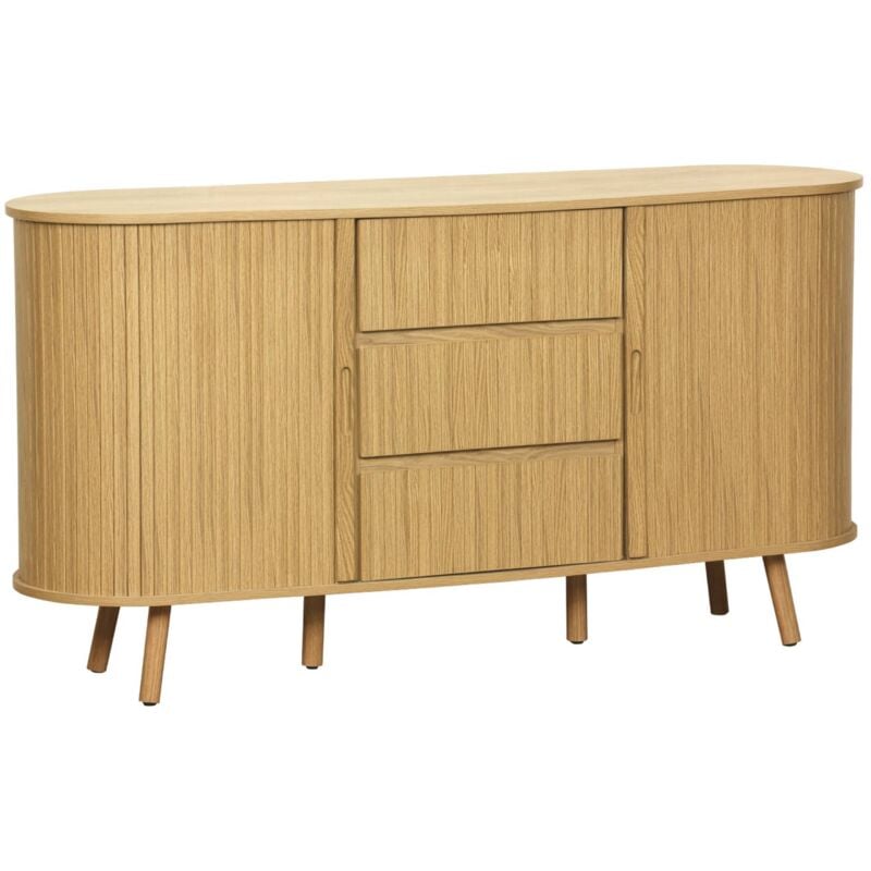 Buffet scandinave ovale 2 portes coulissantes. 4 compartiments. 3 tiroirs. effet bois rainuré. teinte naturelle. l 150 x p 40 x h 79cm