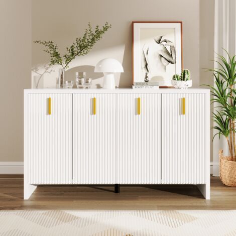 Buffet scandinave avce 2 compartiments, poignée dorée, séparateurs réglables, conception de texture blanche, 140x38x80cm, Blanc